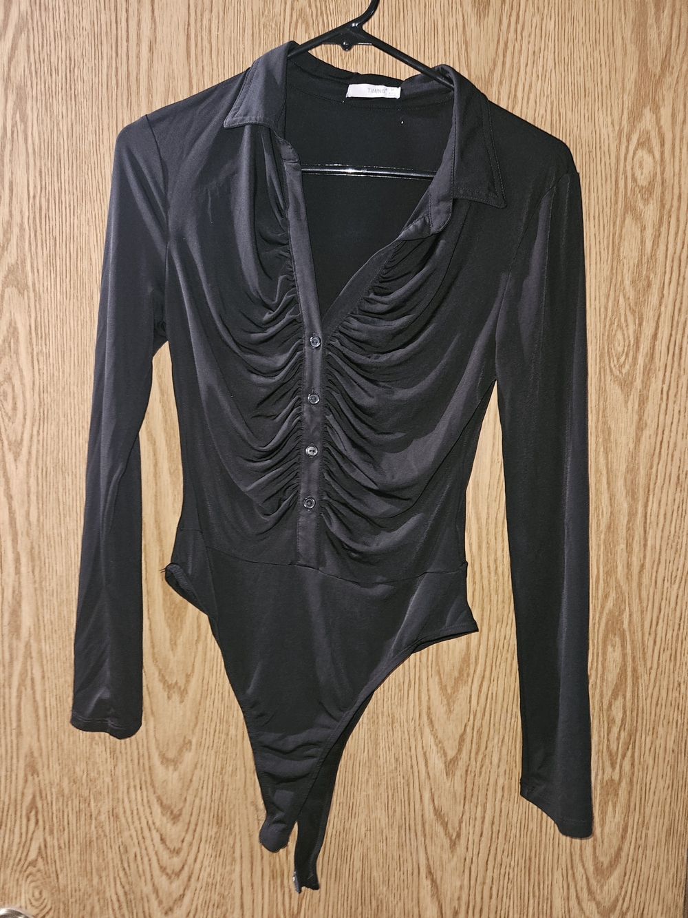 Timing Black Ruched Button-Front Long Sleeve Bodysuit